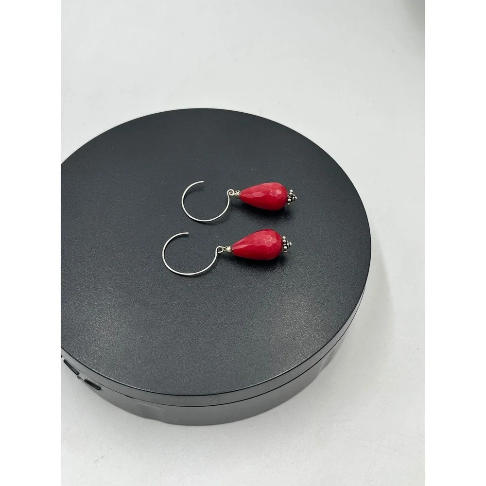 Genuine Red Jadeite‎ Sterling Silver 925 Dangle Earrings Faceted Teardrop 2